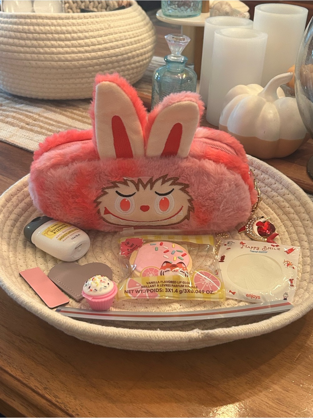 Girls 10 Piece Bundle  Bunny Plush Kids Pencil Case/Purse Pouch -